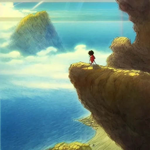 Image similar to Image from afar, man looking from the top of a large rock cliff, the sea hits the large stones hard, the clouds let through subtle rays of light, art by Hayao Miyazaki, whimsical, anime, children's illustration