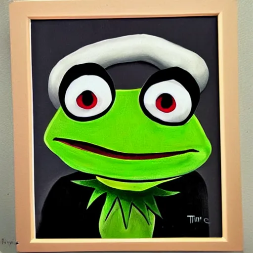 Image similar to A portrait painting of Kermit the Frog in the style of Tim Burton