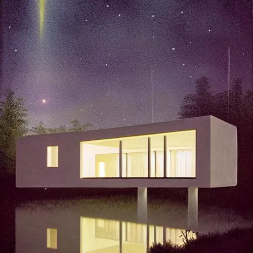 Image similar to atmospheric cozy futuristic organic white concrete house in the middle of a lush and dense forest at night, a beautiful lake next to it, night time, night sky, starry night sky, by Quint Buchholz