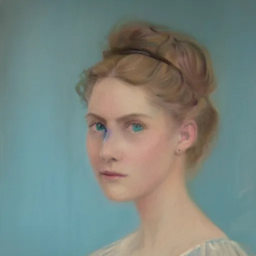 Image similar to portrait painting of a young lady in a light blue dress 1 9 0 0 s entire face shown in great detail, looking at the camera, full body in camera, blonde hair, garden, photorealistic, extreme detail, sharp focus, 8 k, intricate, hyper detailed, realistic, cinematic lighting