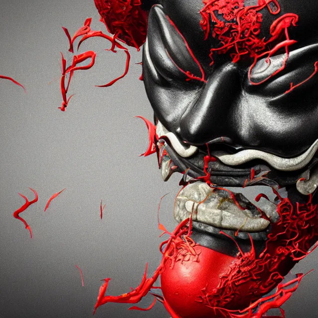 Image similar to a black hannya (般若) mask, kintsugi, symmetrical, centered, ornate, details, smooth, sharp focus, illustration, realistic, cinematic, artstation, award winning, rgb , unreal engine, octane render, cinematic light, macro, depth of field, blur, red light and clouds from the back, 8K,