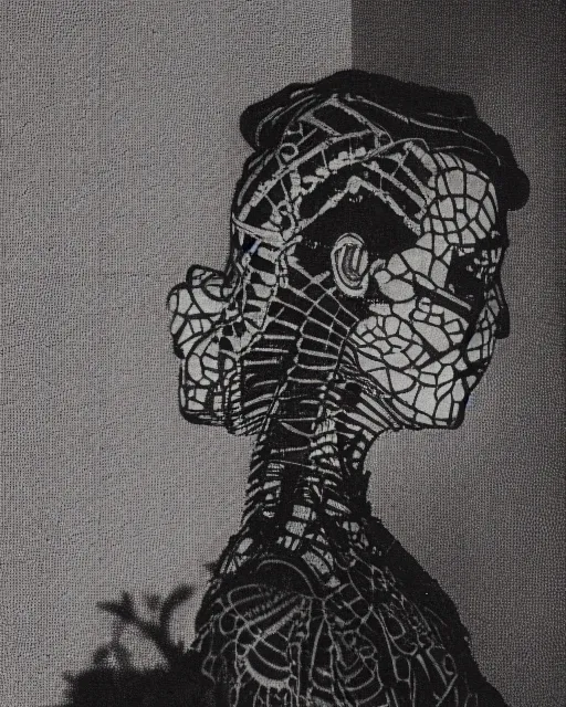 Image similar to a japanese woman's face in profile, made of intricate lace skeleton, in the style of the dutch masters and gregory crewdson, dark and moody