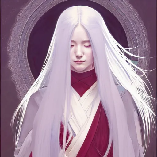 Prompt: Kaguya Ōtsutsuki from Naruto, long white hair, D&D, fantasy, intricate, elegant, highly detailed, digital painting, artstation, concept art, matte, sharp focus, illustration, art by Artgerm and Greg Rutkowski and Alphonse Mucha