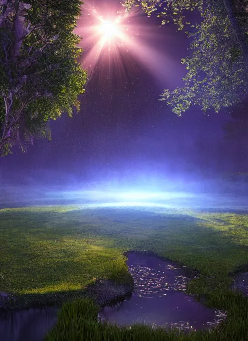 Prompt: photography at night of an ethereal pond, a central sunlight glare, mystical lights, cyber futuristic lights, masterpiece, epic, cinematic, hyperealistic, high detailed, corona render, hdr, ray tracing
