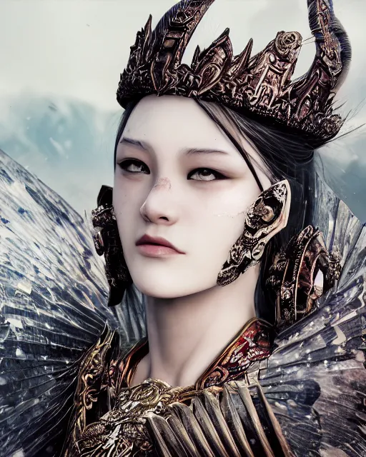 Image similar to fashion editorial of beauty charming woman as a warrior godly princess in feudal japan, clear makeup, clean hair, dry skin, clear skin, airbrushed, bright eye makeup, femine warrior body, photo by mario testino, 8k octane render, cinematic, hyper detailed, micro details, insanely detailed, trending on artstation, concept art, Peter Paul Rubens and Peter Mohrbacher style