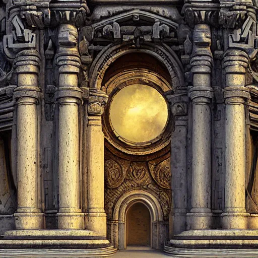 Image similar to carved futuristic gateway at the end of ancient ornate steps with a large wide window to a city which details the vast architectural scientific ancient and cultural achievements of humankind, complex composition, molecules and machines, renato muccillo, jorge jacinto, damian kryzwonos, ede laszlo, highly detailed digital art, cinematic blue and gold