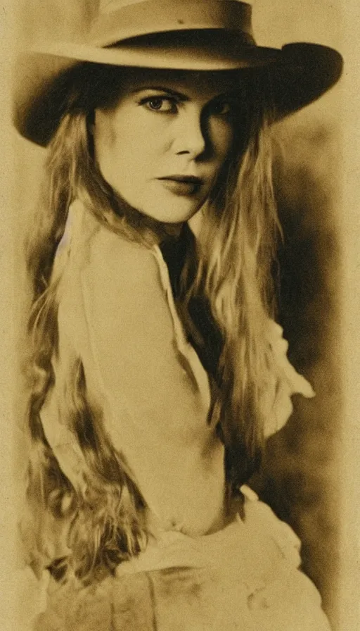 Prompt: Young Nicole Kidman, cowgirl, outlaw, portrait, full body, beautiful face, cute, no long neck, no long anatomy, symmetrical features, silver iodide, 1880 photograph, sepia tone, aged paper, Sergio Leone, Master Prime lenses, cinematic