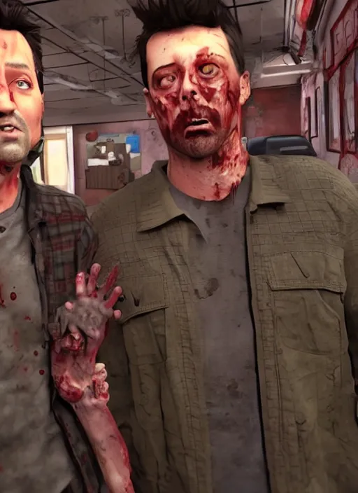 Image similar to a scene from friends where joey and chandler become zombies, face enhance, realistic, shaun of the dead, izombie, ultra detailed, octane render, lovecraftian, horror, dead space, the walking dead, unreal engine 5