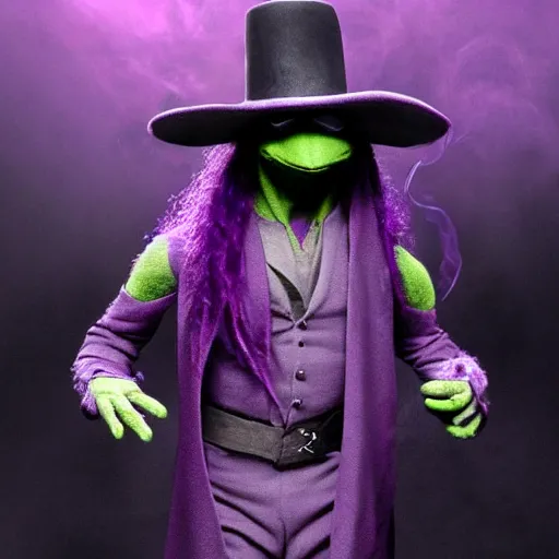 Prompt: Kermit dressed as The Undertaker, detailed, hyper realistic, purple fog, smoke, atmospheric