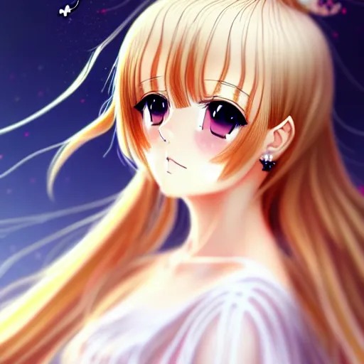 Image similar to portrait of an anime princess in white and golden clothes , digital painting , artstation , gorgeous , cute , beautiful , elegant , devian art , 4k , HD