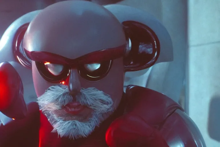 Image similar to tim curry as doctor robotnik in the live action sonic the hedgehog movie, movie still