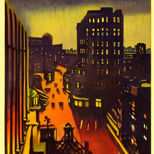 Prompt: full color painting of a balcony view of 1 9 2 5 boston with a broken sky, dark, brooding, night