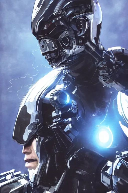 Image similar to cyber cyborg ninja mask helmet metal gear solid artic suit swat commando, global illumination ray tracing hdr fanart arstation by sung choi and eric pfeiffer and gabriel garza and casper konefal, a spectacular view cinematic rays of sunlight comic book illustration, by john kirby