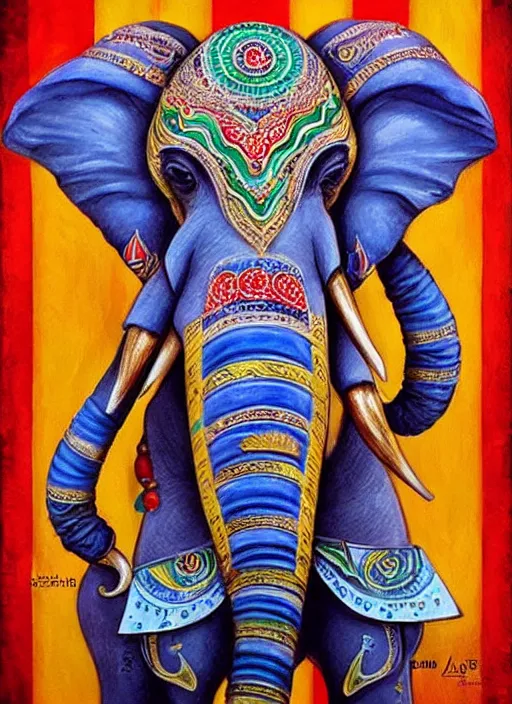 Image similar to portrait of ethereal elephant with indian flag colors painted on its face, intricate detail, ornate, conceptual art, soft light, dynamic, art by artgerm