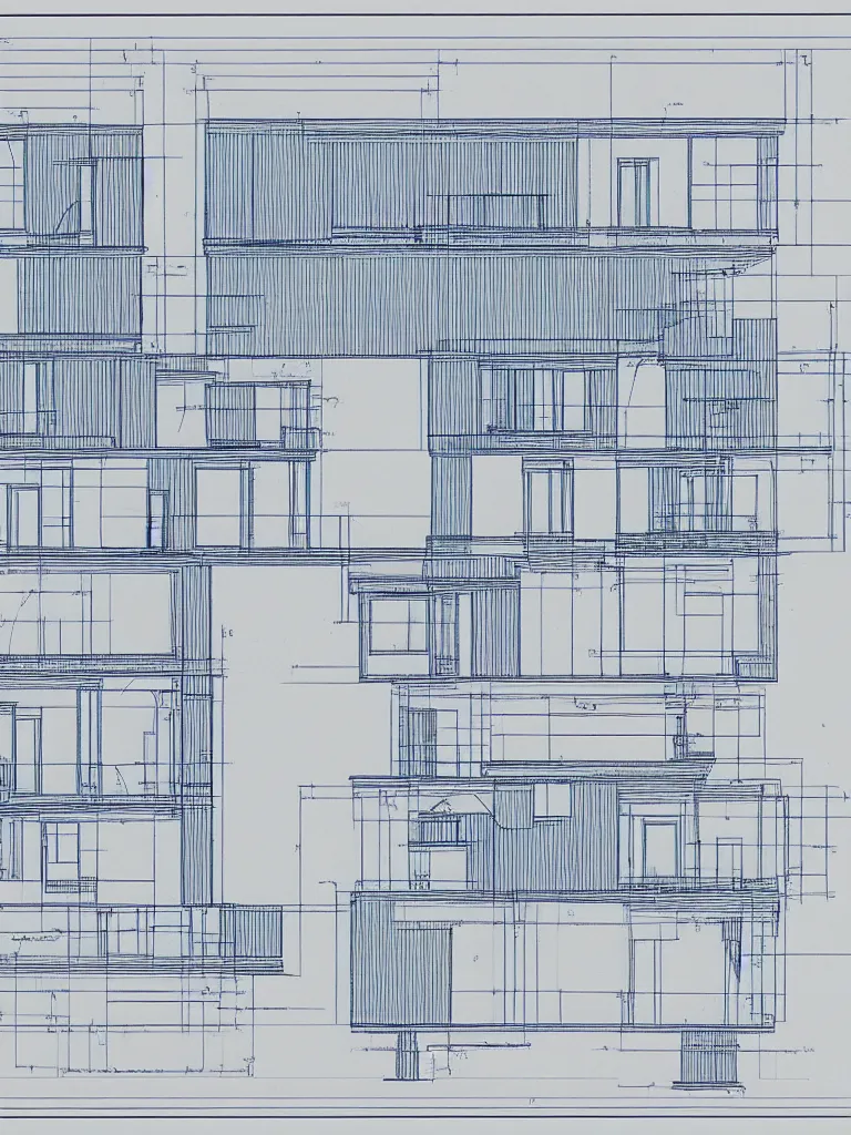 Image similar to Architecture blueprint copy, an impossible building. Vertical cut. Technical drawing