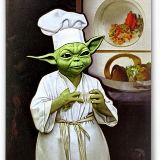 Image similar to baby yoda as a chef wearing a white apron and wearing a white chef's hat, by Jan van Eyck, by alphonse mucha