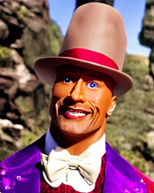 Image similar to Film still close-up shot of Dwayne Johnson as Willy Wonka from the movie Willy Wonka & The Chocolate Factory