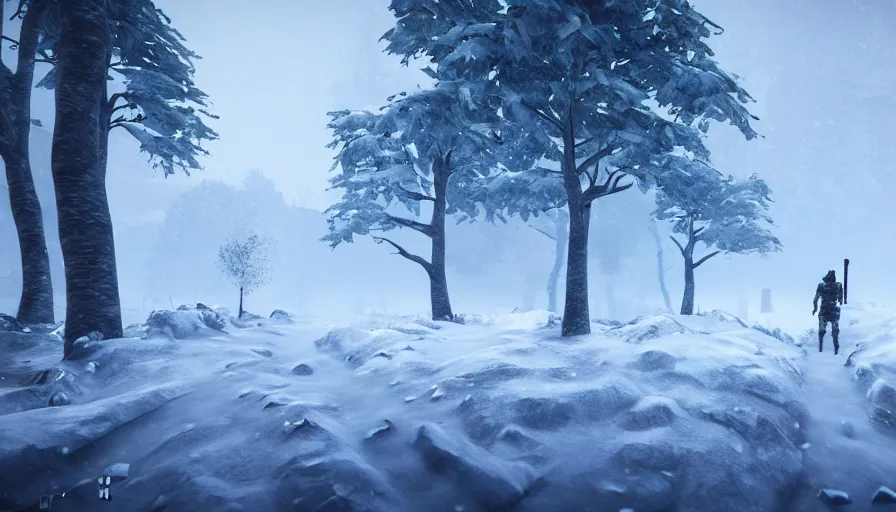 Prompt: Unreal Engine Survival Game in a blizzard, Heavy Thick snow, Fog and Mist, Beautiful dark Landscape, Distant Lights, Hyperrealistic, Hyperdetailed, Concept Art