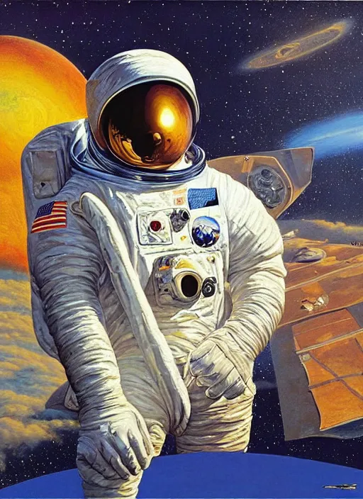 Image similar to a golden doodle astronaut, large scale painting by robert mccall and vladimir kush