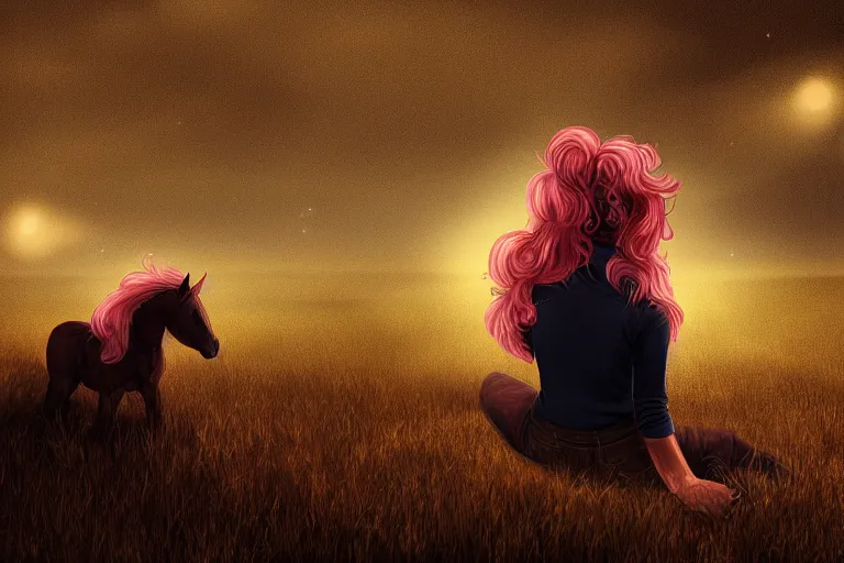 Prompt: Pinkie Pie sitting down viewed from behind, gazing off into the horizon, professional equine photography and mood lighting, mane and tail flowing in the wind, relaxed expression, subtle fog, fireflies, realistic digital art, 4k