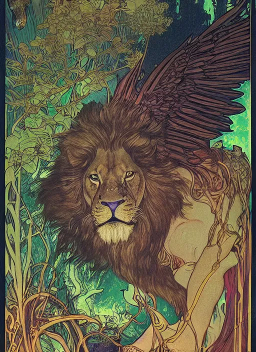 Prompt: a mythological beast with lion face and bird wings in the middle of a lush forest at night. diffuse neon light, dramatic landscape, fantasy illustration, matte painting by mucha