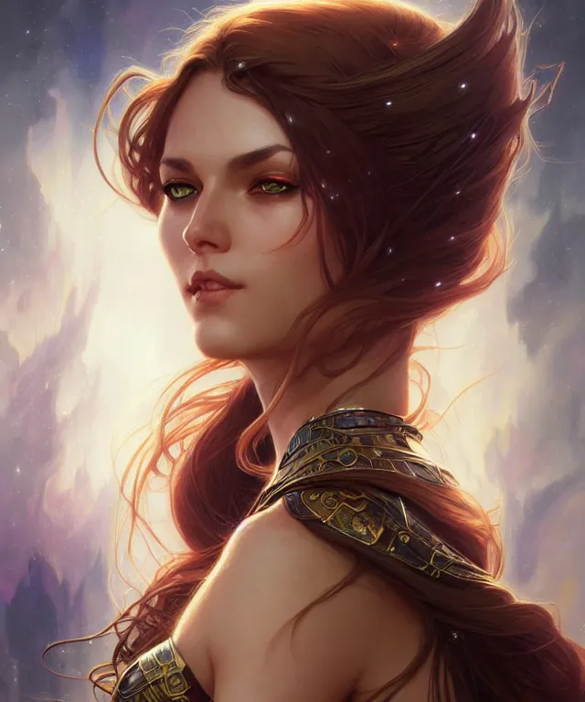 Image similar to fantasy magic woman portrait, sci-fi, amber eyes, face, long hair, fantasy, intricate, elegant, highly detailed, digital painting, artstation, concept art, smooth, sharp focus, illustration, art by artgerm and greg rutkowski and alphonse mucha