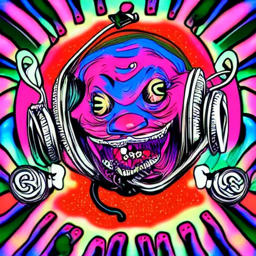 Prompt: artgerm, psychedelic laughing demon, rocking out, headphones dj rave, digital artwork, r. crumb, svg vector