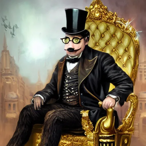 Image similar to oil painting of grumpy rich steampunk penguin, sitting in fancy chair, wearing top hat, looking at gold coin, steampunk factory background, sharp focus, fantasy style, octane render, volumetric lighting, 8k high definition, by greg rutkowski, highly detailed, trending on art Station, magic the gathering artwork, centered