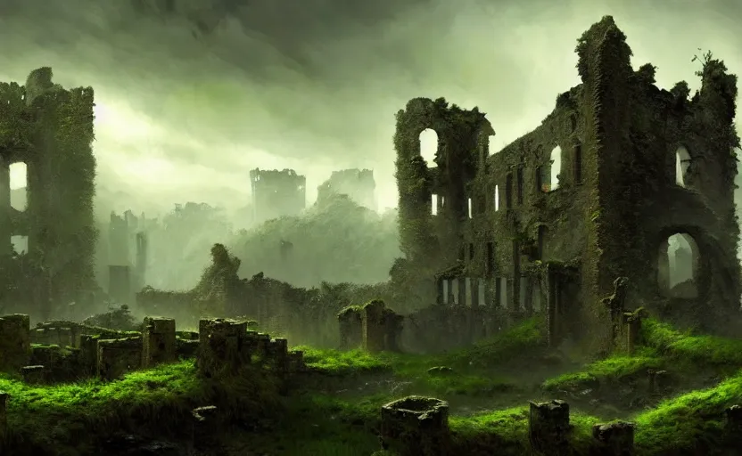 Image similar to ruins of an old castle covered by plant and moss with moody and cinematic lighting by greg ruthkowski and craig mullins and caspar david friedrich, concept art, artstation, trending on artstation