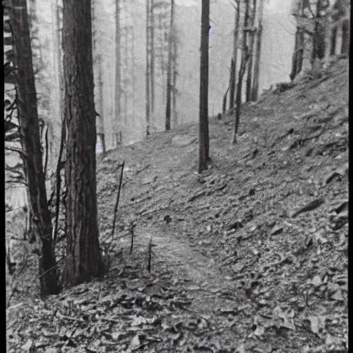 Prompt: a terrifying found photo taken by a missing hiker in 1987, 35mm