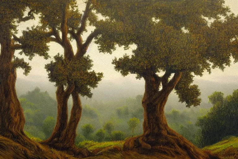 Image similar to masterpiece painting of oak trees on a hillside overlooking a foggy valley, by marion wachtel