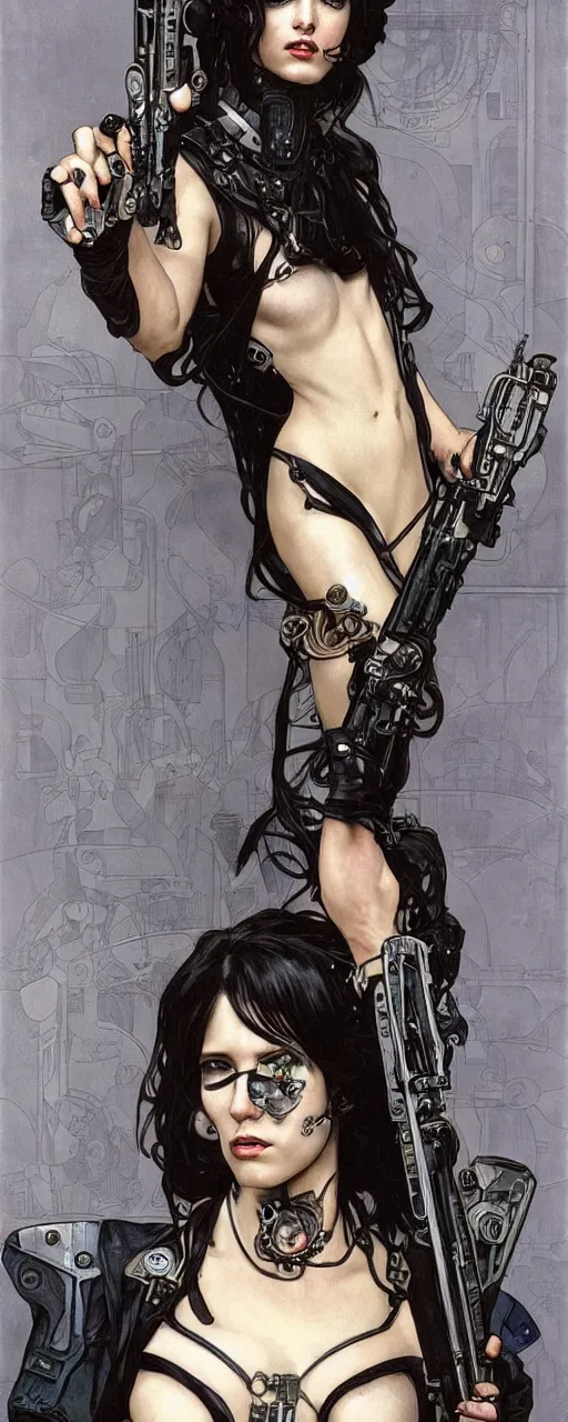 Prompt: striking sensual industrial art nouveau style portrait of cristina franco as a cyberpunk heavy metal rebel soldier by travis charest, simon bisley and alphonse mucha, photorealism, extremely hyperdetailed, perfect symmetrical facial features, perfect anatomy, ornate declotage, weapon, latex, excited expression, wild eyes