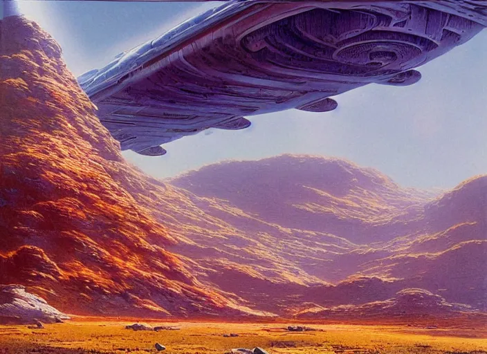 Prompt: a spaceship in a stunning landscape by bruce pennington