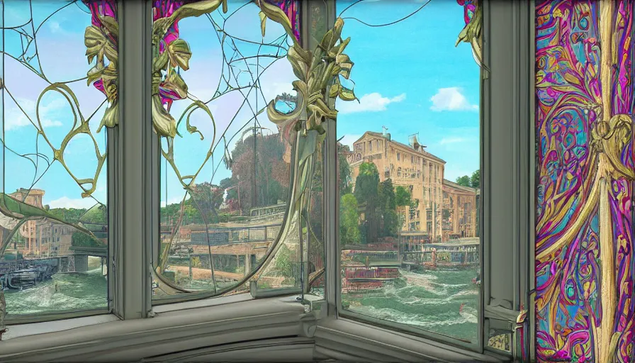 Prompt: a huge standalone hyperrealistic photorealistic hyperdetailed window reflecting a modern town along a river, seen from the distance. art nouveau rococo in the style of caravaggio and botticelli. unexpected maximalist fabric elements hd 8 x matte background in vibrant vivid pastel colour textures