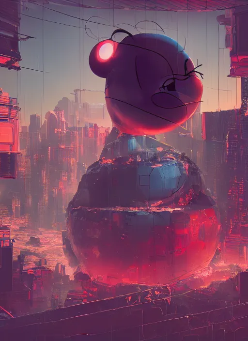 Image similar to giant destroyed head of cyberpunk mickey mouse, inside of netflix office, by beeple, dystopia, golden ratio, octane render, unreal engine 5, trending on artstation, 8 k