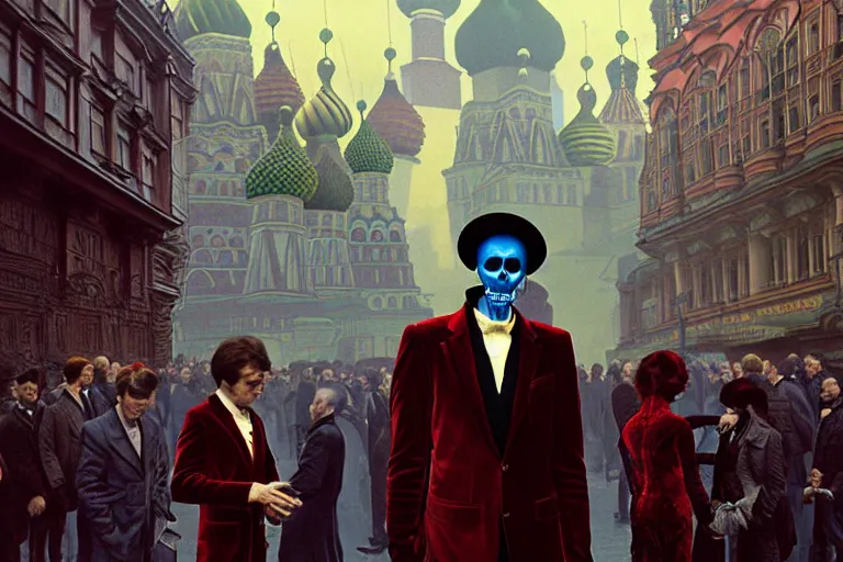 Image similar to realistic detailed photorealistic film portrait shot of a single skeleton wearing crimson velvet blazer in a crowded futuristic moscow street by Denis Villeneuve, Amano, Yves Tanguy, Alphonse Mucha, Ernst Haeckel, Andrei Tarkovsky, Edward Robert Hughes, Roger Dean, rich moody colours, wide angle, blue eyes