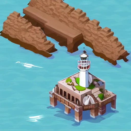 Prompt: side view of top down isometric video game, point and click style, on an island with a giant lighthouse, a drawbridge, and crew quarters with a cave underneath the island