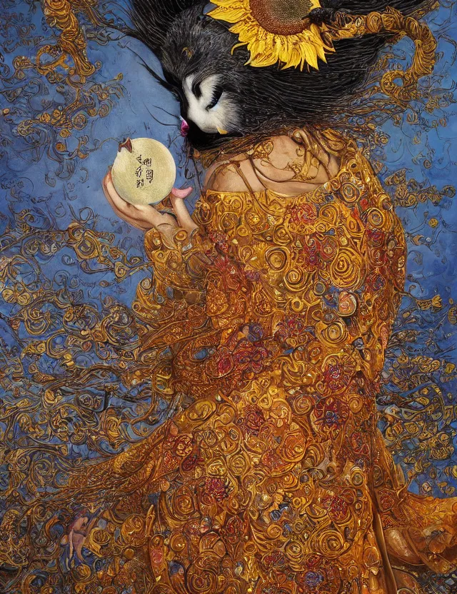 Image similar to a china cat sunflower walking proudly jingling in the midnight sun with a bodhi that drips a silver kimono Like a crazy quilt star gown through a dream night wind, intricate and complexly detailed wet oil painting, by Karol Bak and Tony Diterlizzi, influenced by Artgerm, golden hour scene, center perspective, multi-dimensional, 8k, octane rendering,