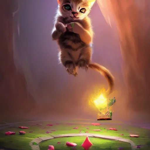 Image similar to a beautiful stunning fantasy whimsical matte digital concept painting of a kitten learning magic by kit faced and marc simonetti, magic the gathering, trending on artstation hq, contest winner, masterpiece, pastel color palette, 8 k resolution