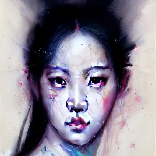 Image similar to jisoo of blackpink, hyperrealistic portrait, bladerunner street, by karol bak and agnes cecile, fantasy art, photo realistic, dynamic lighting, artstation, poster, volumetric lighting, very detailed face, intricate complexity, rule of thirds, 8 k, award winning, trending