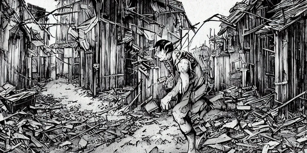 Prompt: illustration of an apocalyptic scene, a man sneaking through an abandoned village, stephen king atmosphere, 1 9 8 0 s japanese illustrator art, award winning