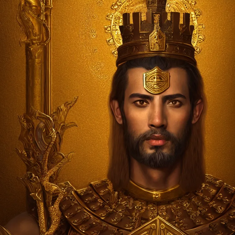 Image similar to highly detailed portrait of agharta ´ s king brightening on gold majestic in the entrance castle kingdom of agharta, land of advanced races, giant, hollow earth infographic, hiperrealistc, global illumination, radiant light, detailed and intricate environment, trending on artstation, art by oleg oprisco, 8 k