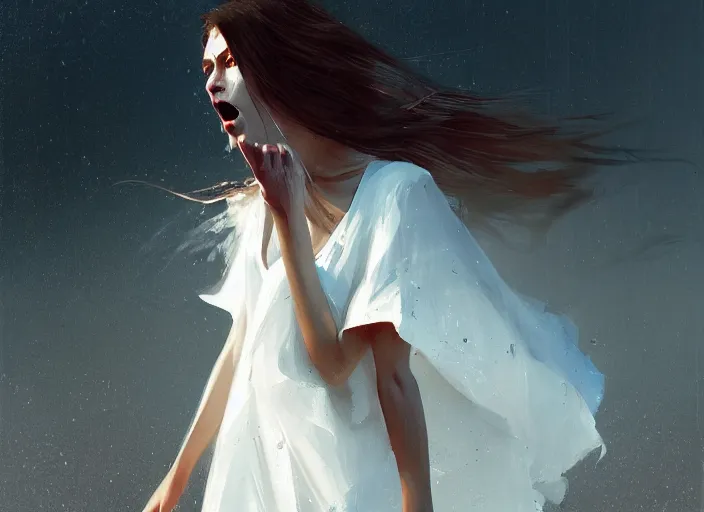 Prompt: white dress girl chasing from grim reaper, messy hair, messy lines, scared face, dramatic situation, specular reflection, occlusion shadow, intricate, bokeh, by ilya kuvshinov and jeremy lipking and quentin mabille