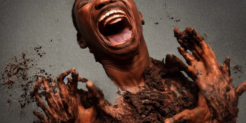 Prompt: highly detailed photography of a screaming black men made of rust clay, burned, rocks, hand gesture, dust particles, dirt, dramatic scene, aesthetic dynamic lighting, masterpiece, by roberto ferri, blue background, high quality, spatula