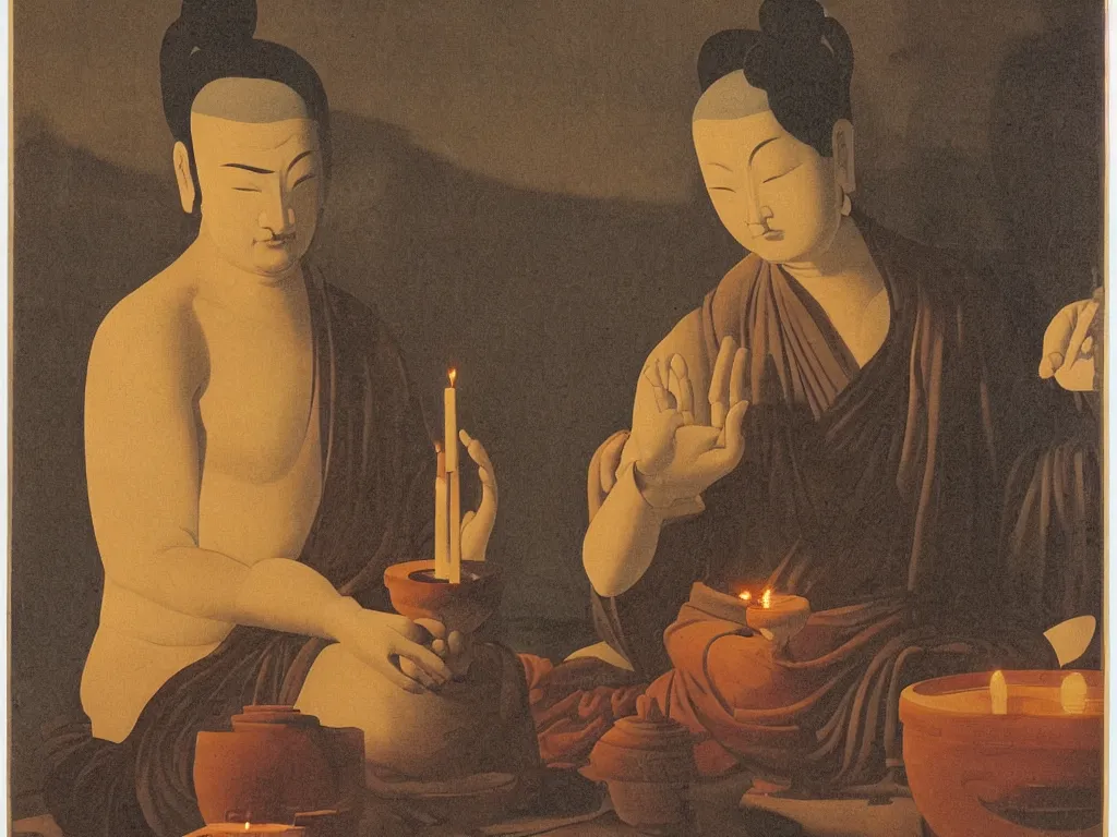 Image similar to Portrait of intense man with eyes closed, meditating cross legged in a Zen temple at the candle light. Vase with wilted flowers, small statue of the Buddha. Painting by Georges de la Tour