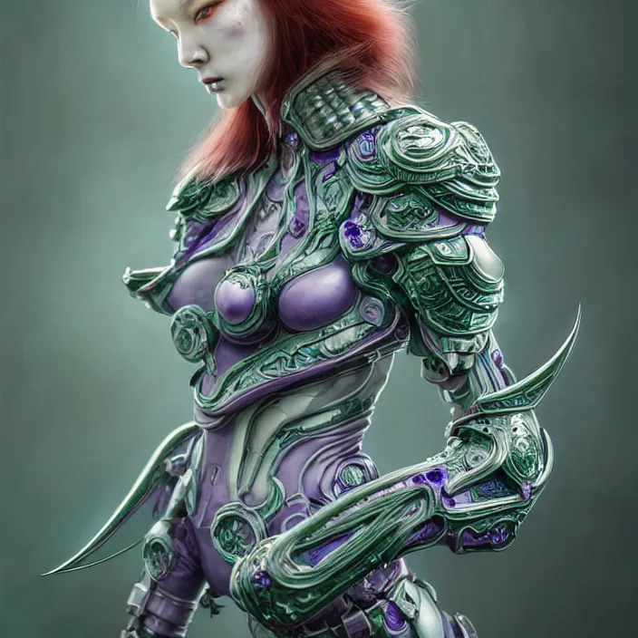 Image similar to porcelain cyborg armor, Chinese Kangxi purple and green fox pattern porcelain, diffuse lighting, fantasy, intricate, elegant, highly detailed, lifelike, redhead, photorealistic, digital painting, artstation, illustration, concept art, smooth, sharp focus, art by John Collier and Albert Aublet and Krenz Cushart and Artem Demura and Alphonse Mucha