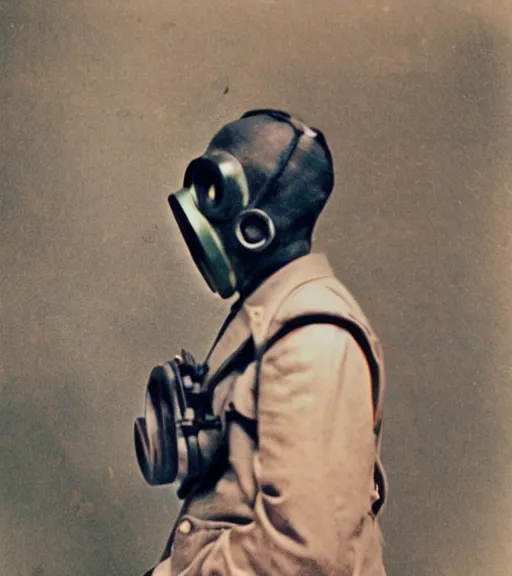 Image similar to person wearing scary gas mask, ww2 technicolor film photo, grainy, high detail, high resolution