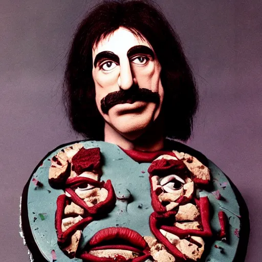 Image similar to delicious franz zappa's head is made out of cake, a slice has been separated from the rest, professional photograph, 4 k