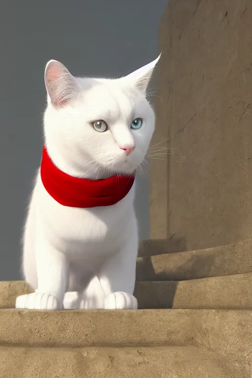 Image similar to a white cat with blue eyes wearing a red formal overcoat, hyperrealistic, concept art, octane render, unreal engine 5, realistic and defined face, profile picture, digital art, pixar and disney style, symmetrical, high quality, highly detailed, high coherence, path traced, house background, low contrast, beautiful, elegant clothes