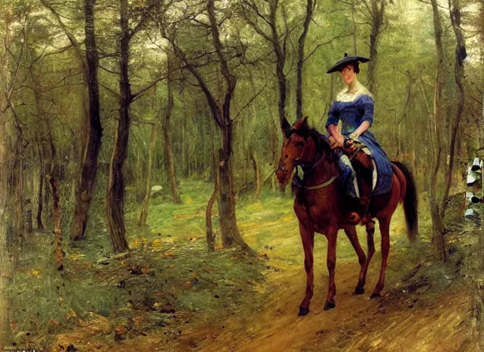 Image similar to a princess with a tall cone hat riding a robotic horse in a forest, oil painting by john everett millais